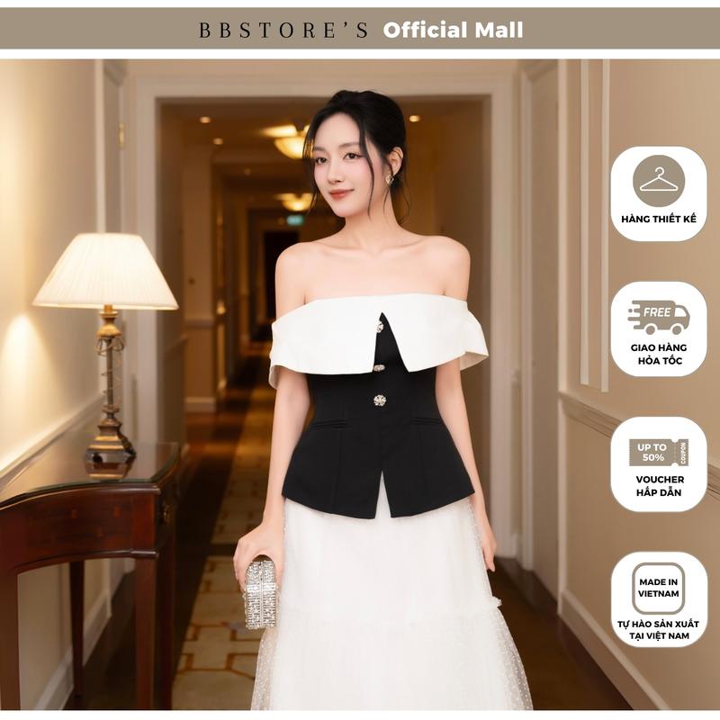Áo Kiểu Dự Tiệc Form Peplum trễ Vai Phối Vạt Trắng Kèm Tag Đá Chất Cotton Gân BBSTORE'S - A4024A Nữ Kem Top Women