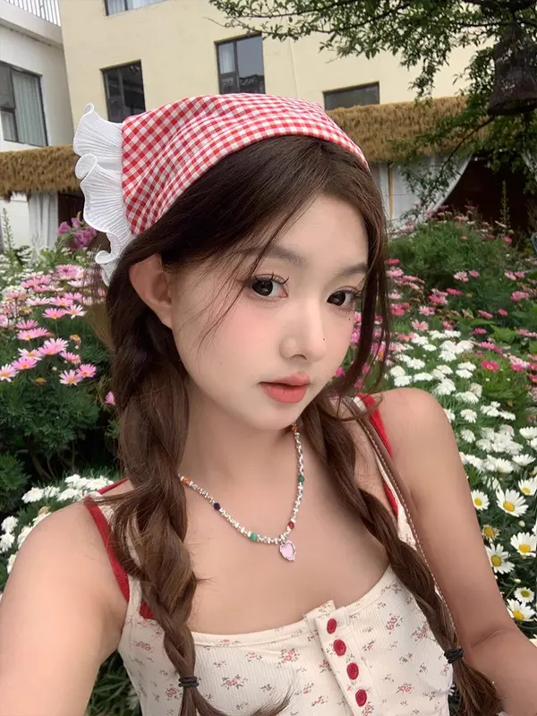 Khăn Quàng Tam Giác Viền Ren, Cô Gái Nơ Ngọt Ngào Băng Đô Nữ, Băng Đô Chụp Ảnh, Phụ Kiện Tóc, Hợp Xu hướng Women Nhung Titan,Phong cách đồng quê, thích hợp cho chuyến dã ngoại chụp ảnh，băng đô khăn trùm đầu 8