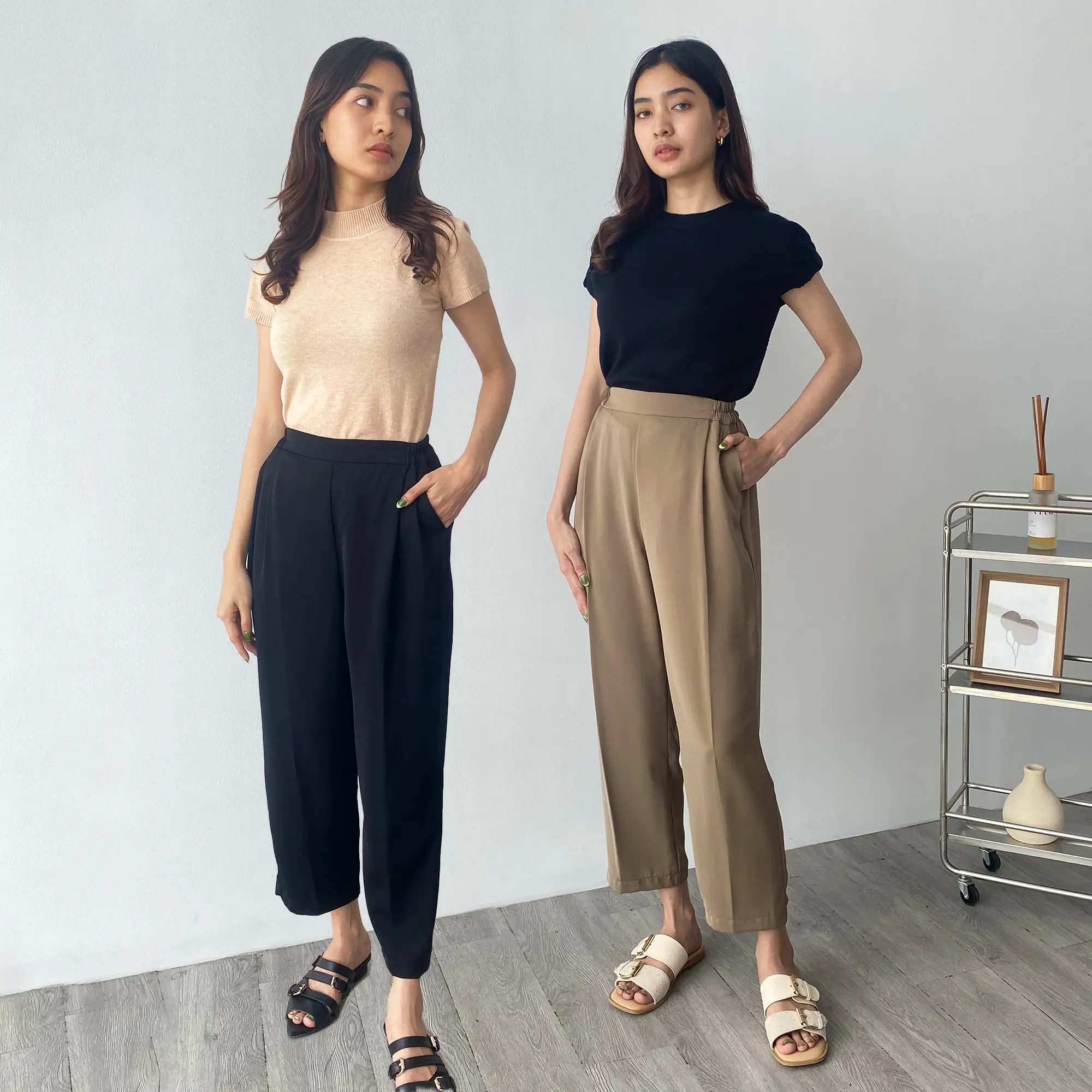 KLEOVA | Nora Celana Baggy Pants Wanita - Celana Wanita Bahan Kain - Celana Panjang Formal/Casual Wanita Pinggang Karet Elastis Jumbo - Bagy Petite Size Friendly - Celana Kerja Wanita Kantor Kulot Hitam Nyaman
