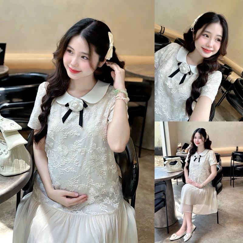 Đầm bầu Tết Colin kèm hoa tiểu thư voan thêu hoa nổi kết nơ cổ sen form đuôi cá thanh lịch sang trọng cho mẹ đi tiệc mang Tết đi làm