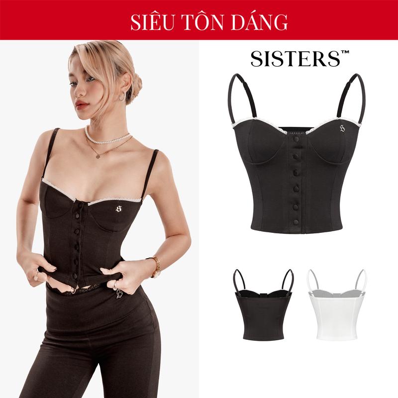  Áo 2 dây kiểu Corset phối ren SISTERS dáng croptop thiết kế nút cài màu đen trắng ôm sát cơ thể Béatrice | SS-T53 