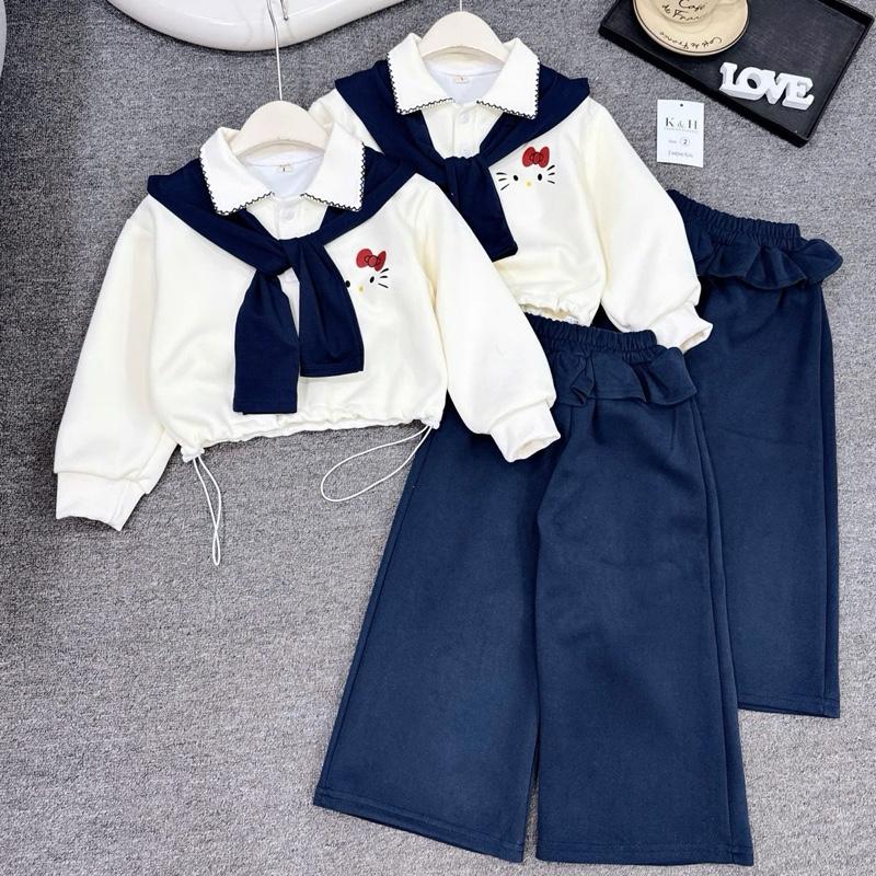 Hello Kitty - Set Bộ Nỉ Hai Da Mèo Hello Kitty Kèm Quần Nỉ Dáng Xuông Dành Cho Bé Gái 9-33kg Chất Liệu Vải Nỉ Màu Kem Be & Xanh Than Giãn Có Bảo Quản Có Size Phù Hợp 13-41kg