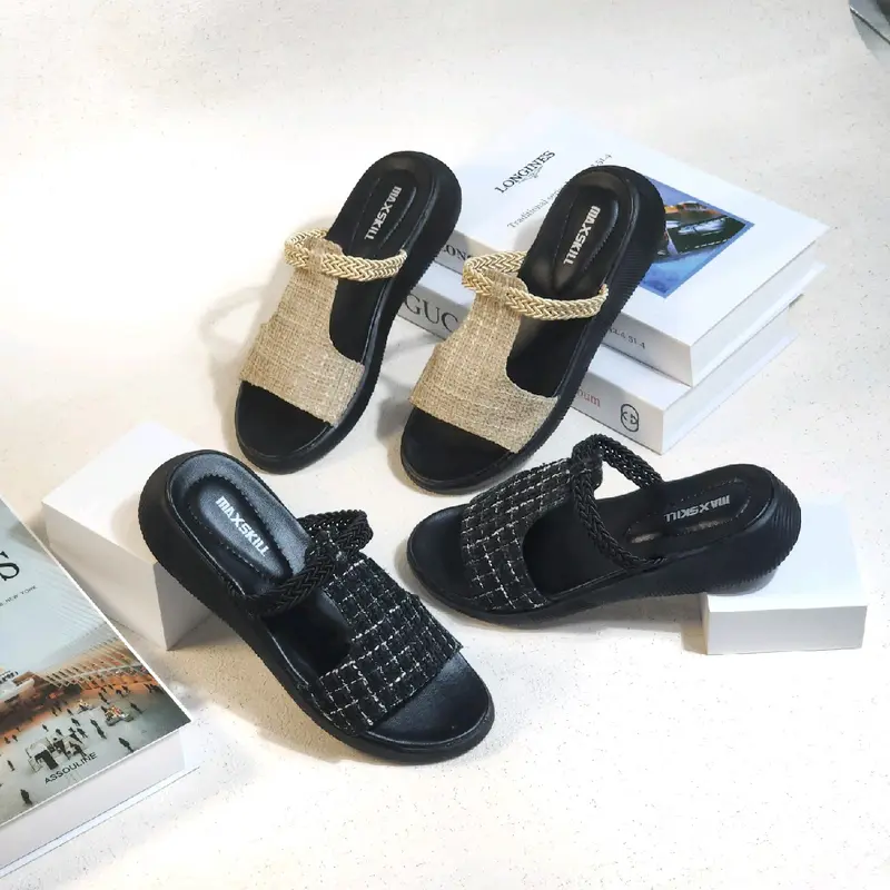 MAXSKILL ~ BERTHA sandal slop korean style sandal slipper sandal wanita wedges kekinian slop size 37-40 Hitam Sendal Cewek 5