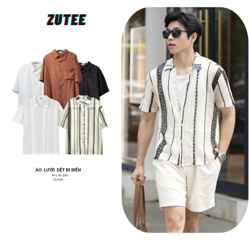 Áo Sơ Mi Ngắn Tay Dệt Lưới ZUTEE Ver2 Sơ mi đi biển Unisex Hoạ Tiết Kẻ Sọc Đan Lưới Thoáng Khí Trẻ Trung