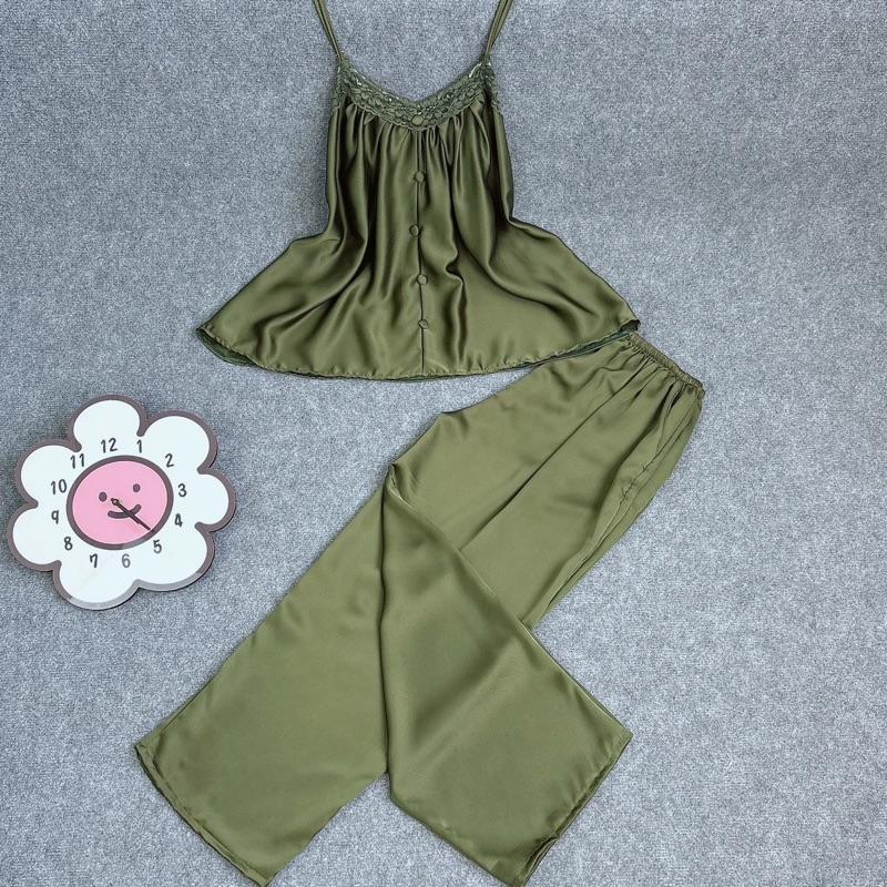 Bigsize (60Kg - 85Kg) Bộ Ngủ Bigsize Nữ Vải Lụa Satin Trơn Áo 2 Dây Không Mút Phối Ren Mềm Nút Bọc, Quần Dài Phong Cách Bánh Bèo
