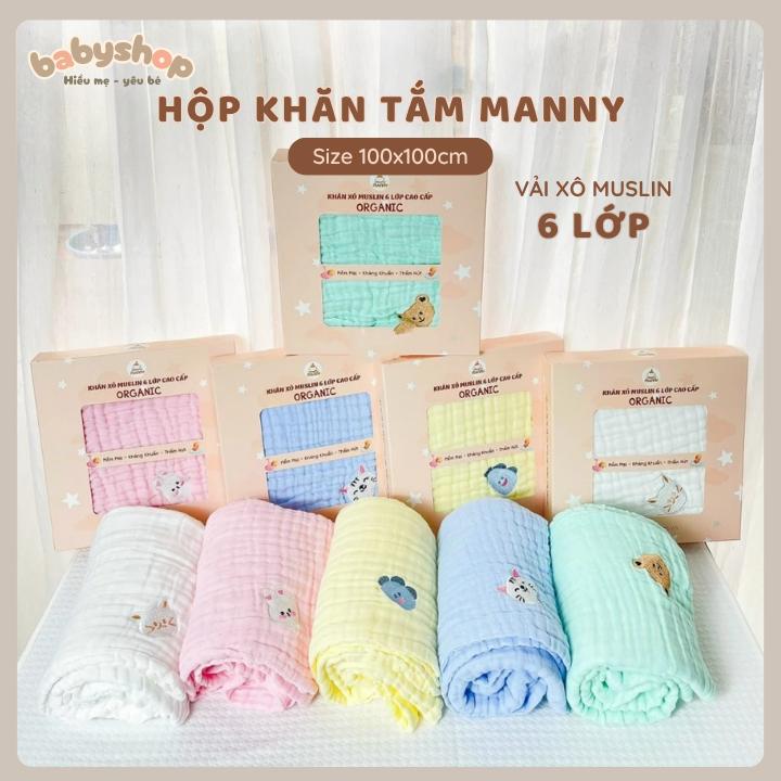 Hộp Khăn Tắm MANNY 6 Lớp Chất Xô Muslin Organic Họa Tiết Cho Bé Trai Bé Gái Size 100cmx100cm Mẫu Thêu Góc