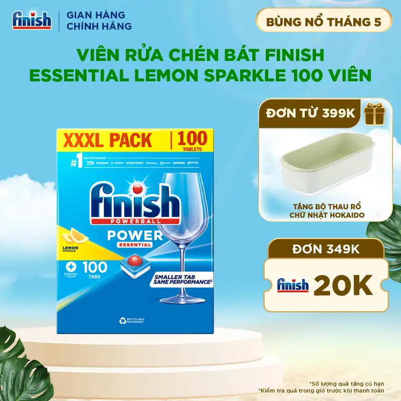 Viên Rửa Chén Bát Hương Chanh Finish Powerball Power Essential Lemon Sparkle - Dạng Thùng 100 viên siêu tiết kiệm 0