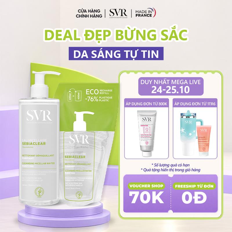 Bộ đôi nước tẩy trang sạch sâu cho da dầu mụn SVR SEBIACLEAR EAU MICELLAIRE (1 chai 400ml + 1 túi 400ml)