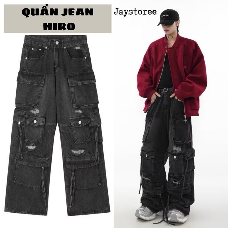QUẦN JEAN HIRO - Cargo Jeans - Quần jeans túi hộp phối dây form rộng vải washed màu xanh wàng. Unisex nam nữ Jaystoree. Pants Women