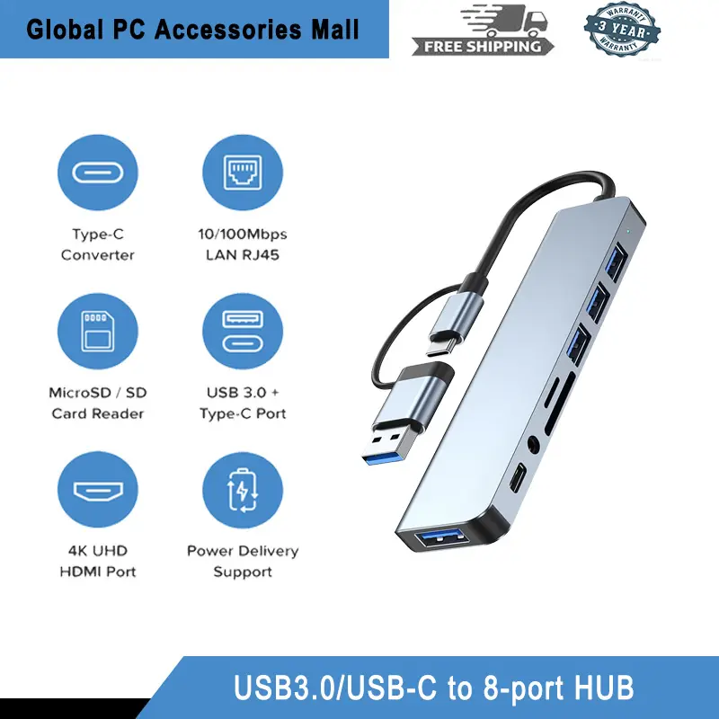 USB Hub 3.0 Type C Adaptor Laptop for Macbook Accessories Extension PD Charger Port