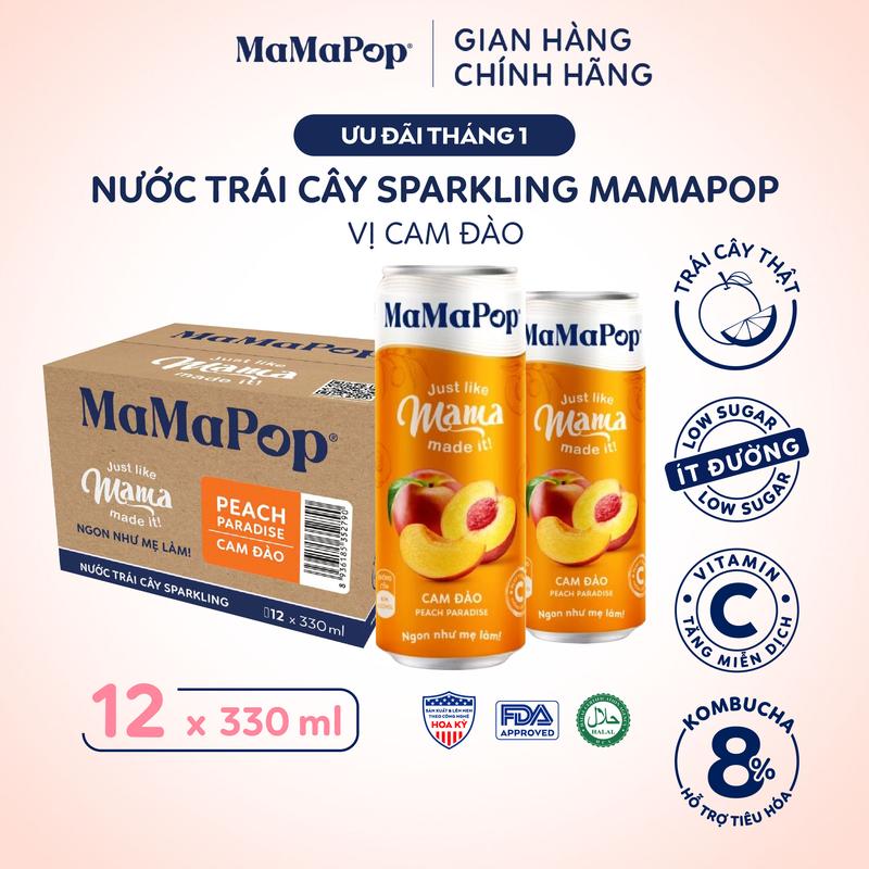  Mamapop thùng 12 lon nước trái cây sparkling vị Cam Đào 330ml - Kết hợp với trái cây tự nhiên giàu Vitamin C 
