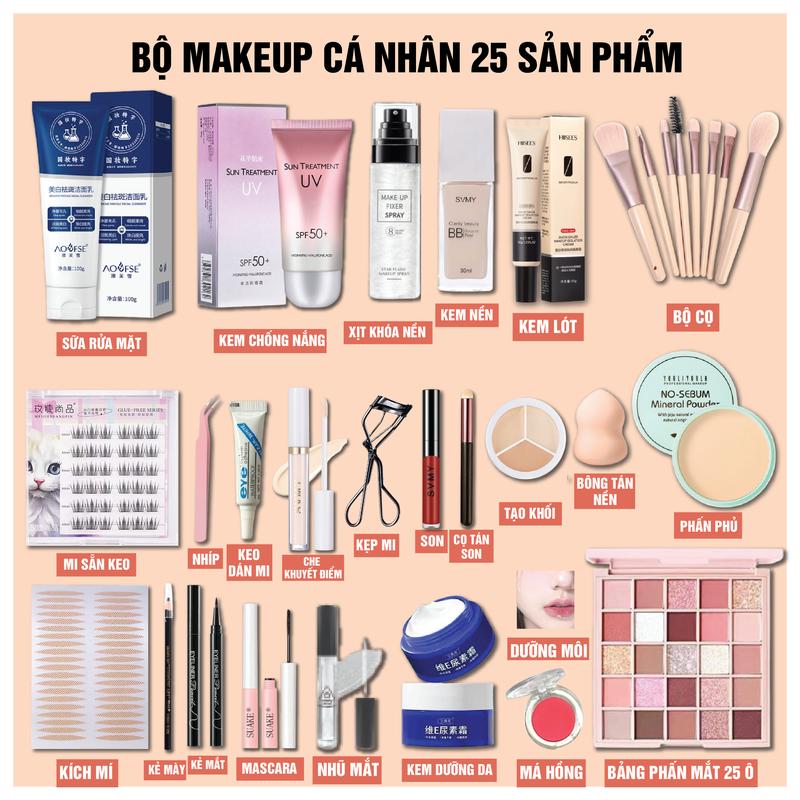    CÓ MI   Bộ makeup cá nhân 25 sản phẩm và 19 sản phẩm makeup trang điểm makeup đi tiệc đi đám cưới cho người mới tập makeup có mi giả kem nền mềm mịn che khuyết điểm bảng mắt 25 ô phấn phủ kiềm dầu... 