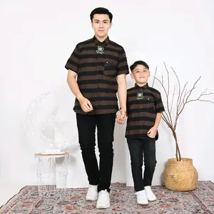 BOY MOM Kemeja Flanel Couple Ayah Dan Anak Lengan Pendek Motif Salur Coklat