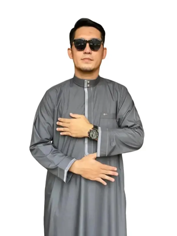 Jubah Gamis Reguler Pria Muslim Dewasa SOLLU 3 Lengan Cuff/Tanpa Kancing Bahan Katun Flat grey gamis  pria 4