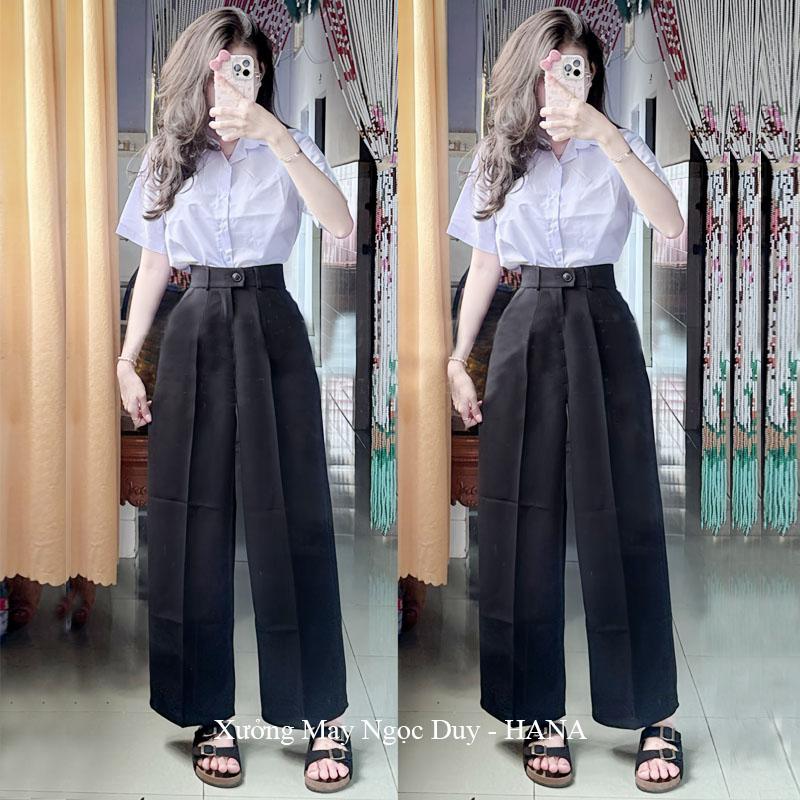 MỚI 35kg~58kg Xanh Đen Quần tây ống rộng đi học nữ m50 m55 m60 m65 1 nút cài lệch có đai thắt lưng dáng quần ống rộng nữ cạp cao vải mềm dày đi học làm công sở