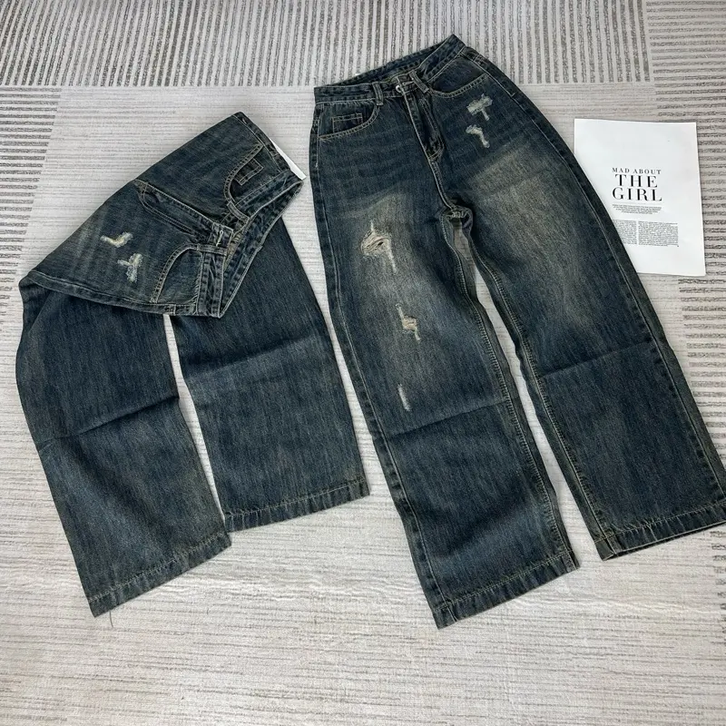 [LN101] Quần Jeans Ống Suông Phối Rách Nhẹ Nhàng Form Lỡ 95cm Màu Rêu Bụi Chất Vải QCCC Mềm, Mịn 2