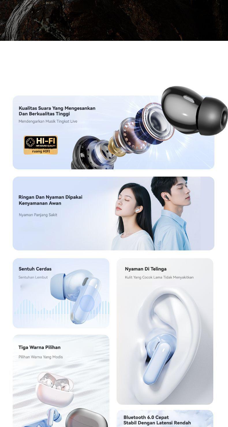 Yincoree TWS A29 Headphone Bluetooth nirkabel6.0 dengan headphone musik olahraga tahan air dan pengurangan kebisingan bass yang kuat dengan mikrofon untuk iOS dan Android
