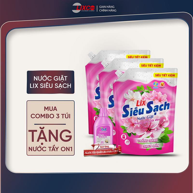 Combo 3 túi nước giặt LIX 2.4kg túi hương hoa anh đào 3C-N2503 tặng 1 chai nước tẩy quần áo màu On1