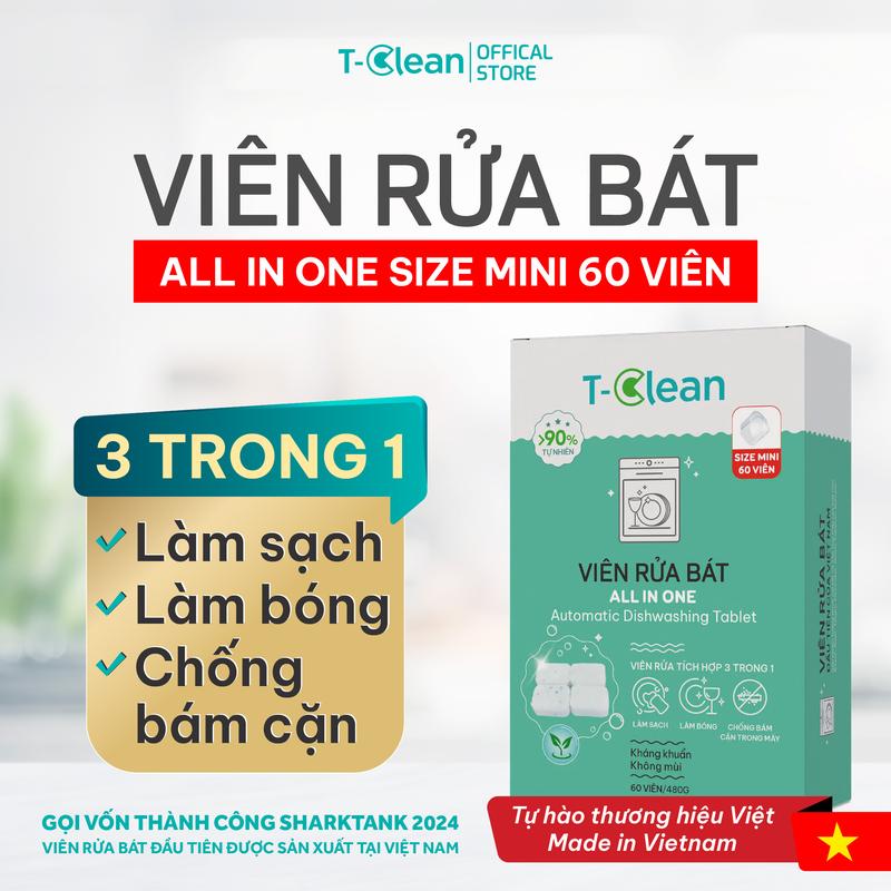  T-Clean Viên Rửa Bát Eco - 60 Viên Mini Làm Sạch Diệt Khuẩn Khử Mùi Tan Nhanh Thân Thiện Môi Trường Phù Hợp Máy Rửa Bát 8-14 Bộ 
