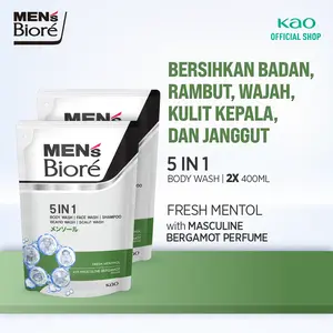 Men's Biore 5 in 1 Shampoo & Sabun Mandi Cair Pria Fresh Menthol  400ml Pouch Twinpack