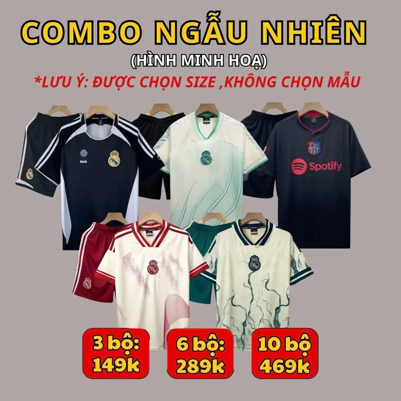COMBO 3 BỘ NGẪU NHIÊN (ẢNH MANG TÍNH CHẤT MINH HỌA, MẪU VÀ MÀU GIAO NGẪU NHIÊN HIỆN CÓ TRONG KHO) quần áo bóng đá, đồ đá banh NGẪU NHIÊN logo THÊU thun lạnh cao cấp LOẠI I Top Sport