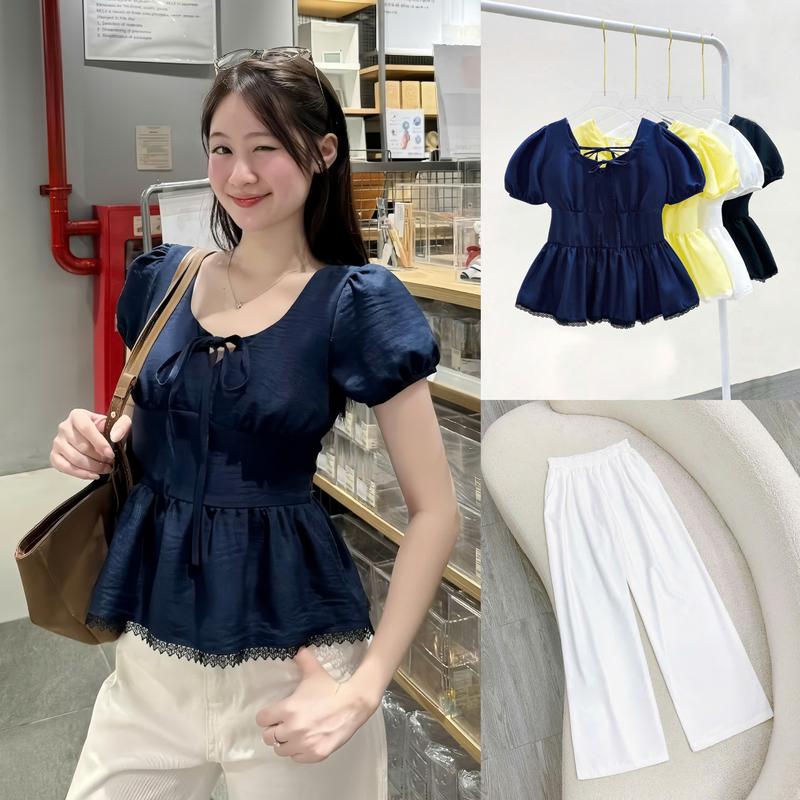 Set Bigsize Nữ CÓ LẺ ÁO QUẦN Áo Babydoll Vạt Xòe Viền Ren Kèm Quần Suông Ống Rộng Dễ Thương A304+Q558