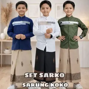 Set Sarkoci Sarung Koko Lengan Panjang Dapat Peci Sarung Unstan Motif Balimun Sarwon Warna Banyak & Koko Jordan Lengan Panjang