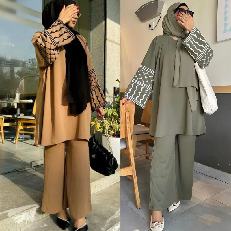 New Muslimah women's fashion embroidery blouse + plus wide leg pants two-piece set