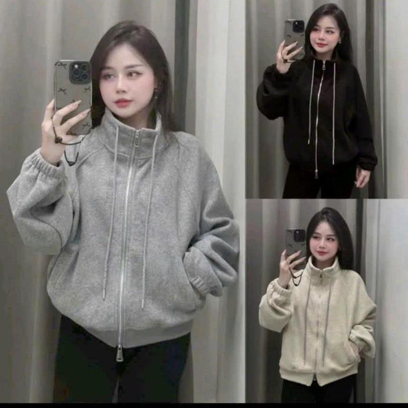    Nỉ 2 Da    Áo Khoác Nỉ Bomber Cổ Trụ Khóa Kéo Rút Dây Tay Bo Gấu Đanh Dày Thời Trang Áo Nữ Thu Đông Hottrend 