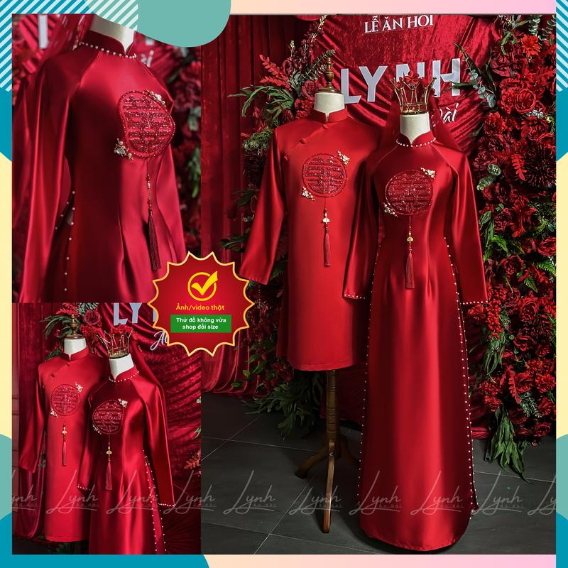 Cặp áo dài cô dâu ĐỎ ĐÔ kết Đá Hỉ Tròn pha lê - Áo dài Lynh Nữ Dress Váy Cưới Áo Cưới Voan Women Voi
