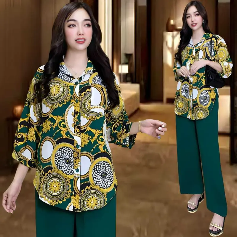 Setelan Wanita Crinkle MELISA LD 120 - Atasan Kemeja Oval Celana Lurus Bahan Crinkle Airflow - Muslim Tunik Kancing Casual Dewasa Motif Nyaman Panjang Baju Katun Standar Variasi Nyaman Panjang 2