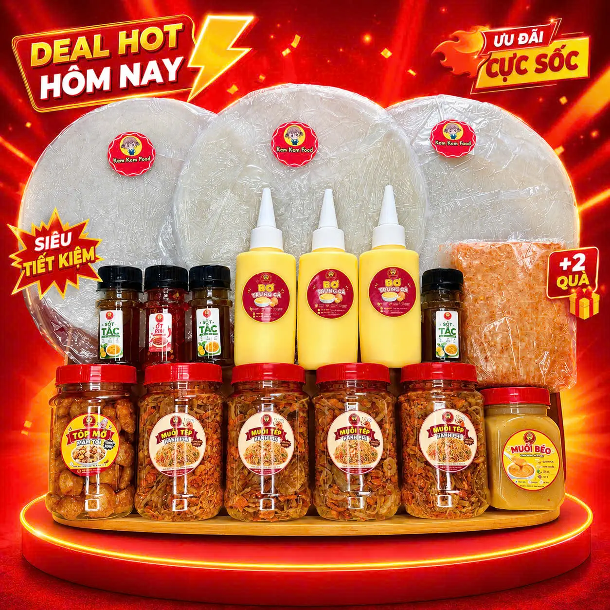 Combo HẾT SẢY [15 MÓN +2 QUÀ] Bánh Tráng Phơi Sương KEMKEMFOOD+ Muối Tép Hành Phi + Bơ + Sốt Tắc + Ớt Rim +Tốp Mỡ + Muối Béo (FREESHIP)
