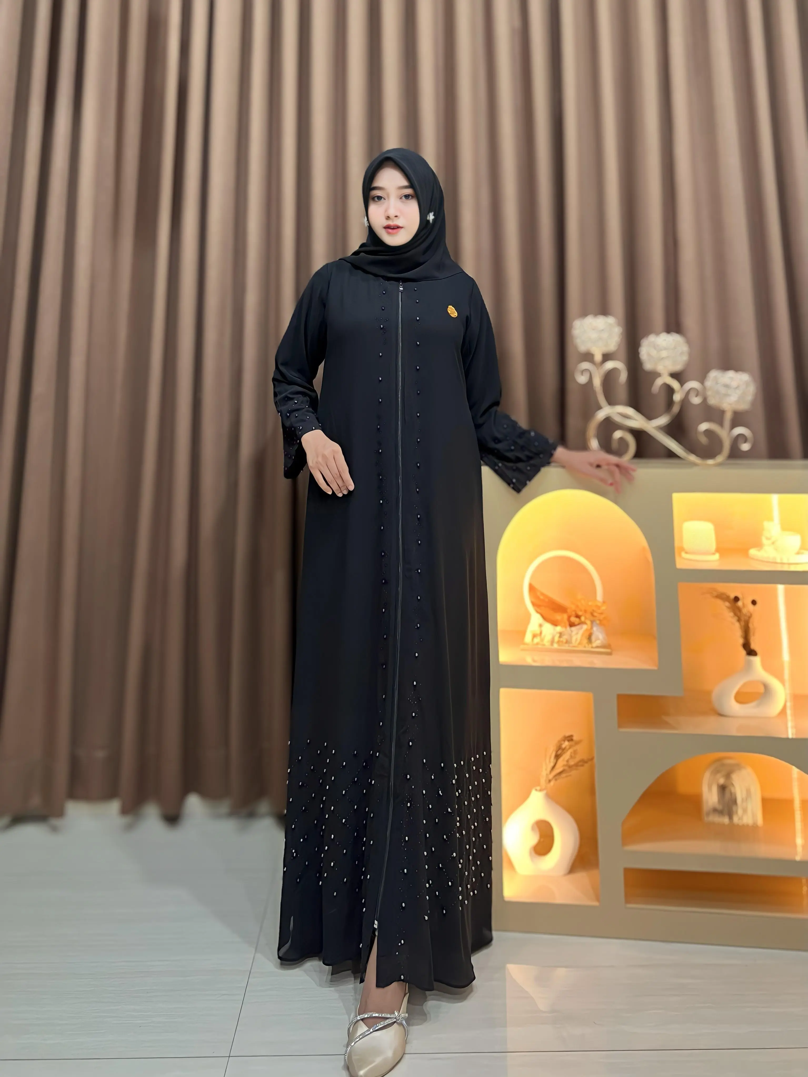Widya Fashion -  VIONA ABAYA  Dress Set Hijab Pakaian Muslim Wanita Gamis Payet Ceruty Babydoll Dres Lebaran dan Dres Pesta Mewah Kondangan Gamis Umroh dan Haji