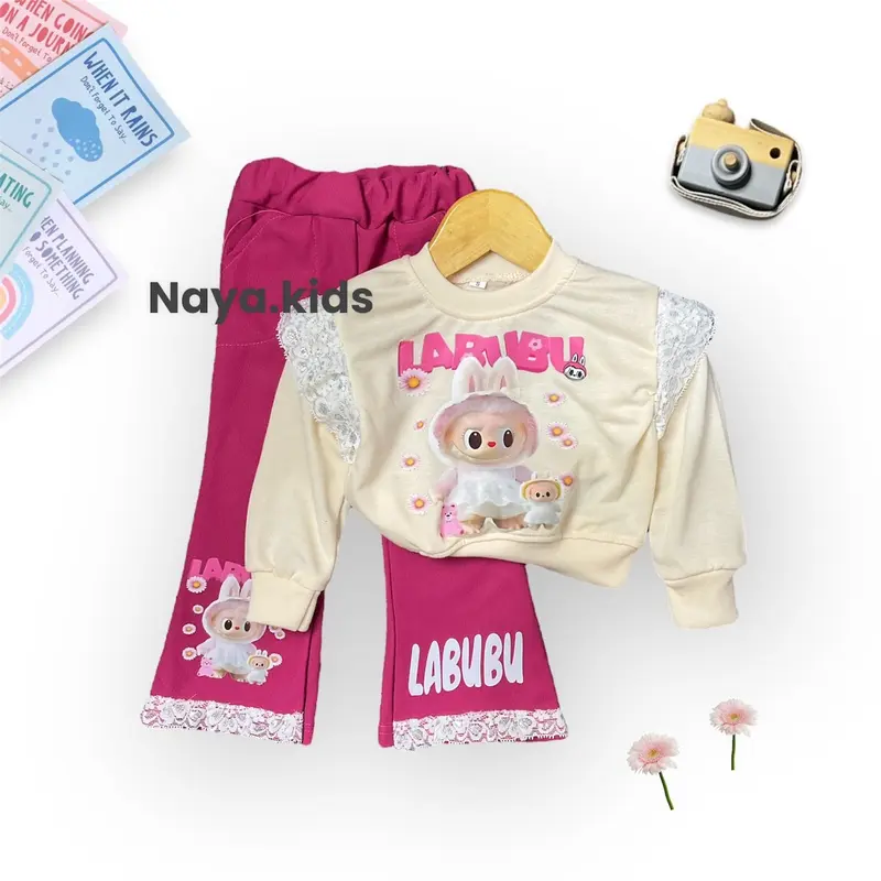Setelan Anak Perempuan Labubu Celana Cutbray Motif Labubub Viral Bahan Babyterry Premium Korea Usia 1-5 Tahun one  set  korean style Cewek Parsel setelan  anak baju labubu anak perempuan Bayi Katun 1