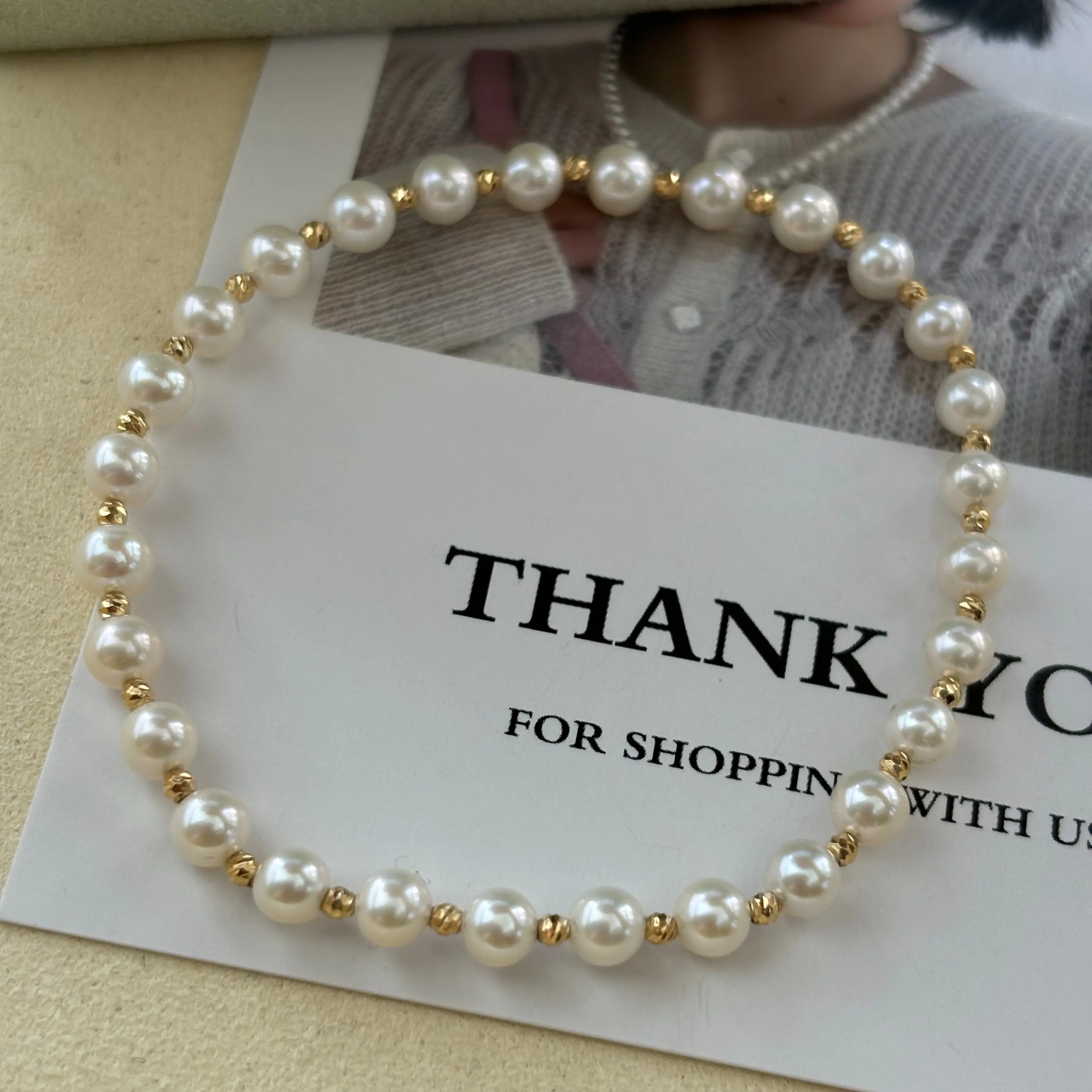 4-5mm Freshwater Akoya Pearl 18k Gold Bracelet, Aurora White Shell