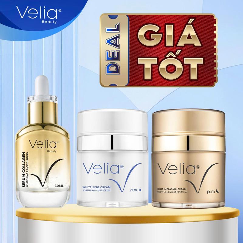   #30 DEAL GIÁ TỐT  Bộ 03 Kem Hỗ Trợ Cải Thiện Tình Trạng Nám Kem Dưỡng Trắng Da và Serum Collagen VELIA Skincare 