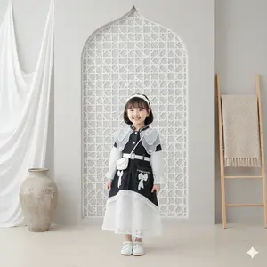 Khanza Gaun Jeans Snow Black Organza Farian Belt Putih untuk Anak Perempuan Usia 3-10 Tahun Baju Muslimah Lengan Panjang Kekinian Terbaru 2026 Full Jeans Mix Brukat Organza