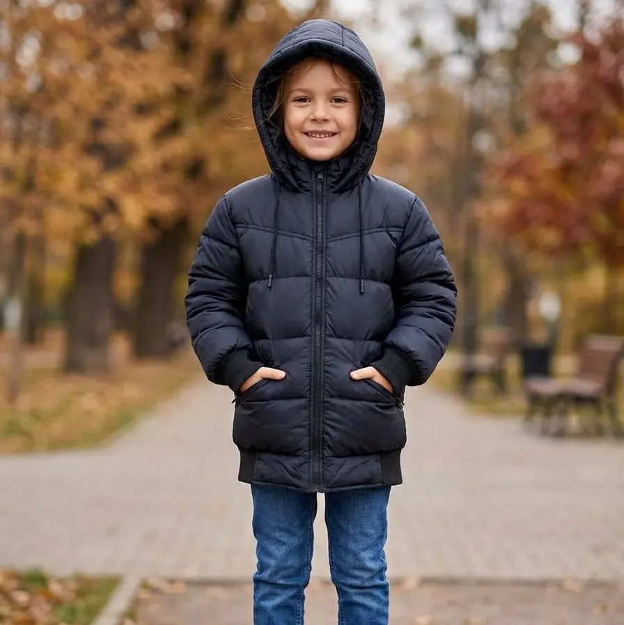 Jaket Gelembung Anak Warna Hitam Polos Tangan Rib untuk Musim Dingin