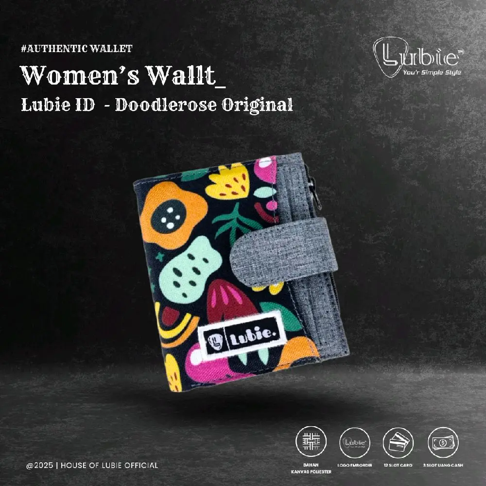 LUBIE Dompet lipat kanvas  Cewek premium | Doodlerose | Dompet kartu | Dompet Cewek Wanita