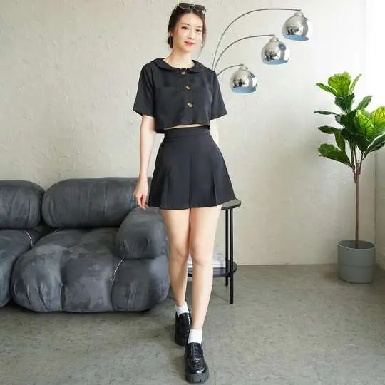 [ Vensh ] One Set Lengan Pendek Firsya / One Set Korean Style / One Set Wanita Kekinian Kancing  Kantong Atasan Setelan Cantik 1