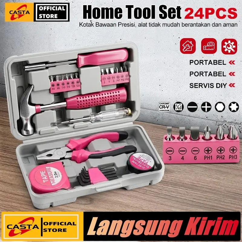 CASTA Kotak Alat Rumah Tangga 24Pcs Set Perkakas Tool Box Pink Estetik Alat Perbaikan Lengkap Palu Kambing Tang Kabel Obeng Multifungsi Kunci L Material CR-V Tahan Lama Praktis Untuk Servis Harian