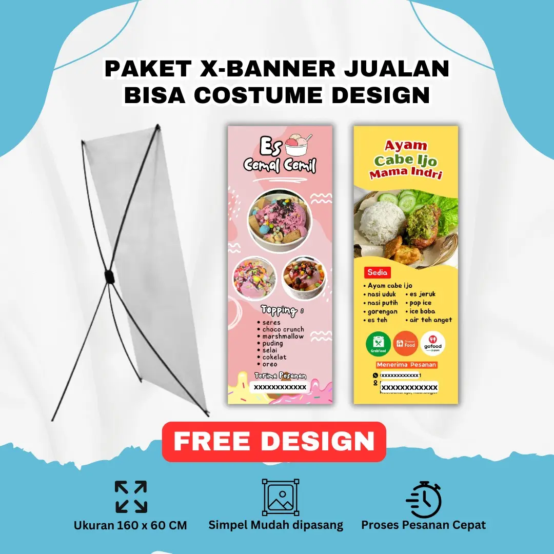 Cetak X Banner Jualan | Spanduk Warung Kedai | Gratis Desain Ukuran 160 X 60 CM | Stand X-banner