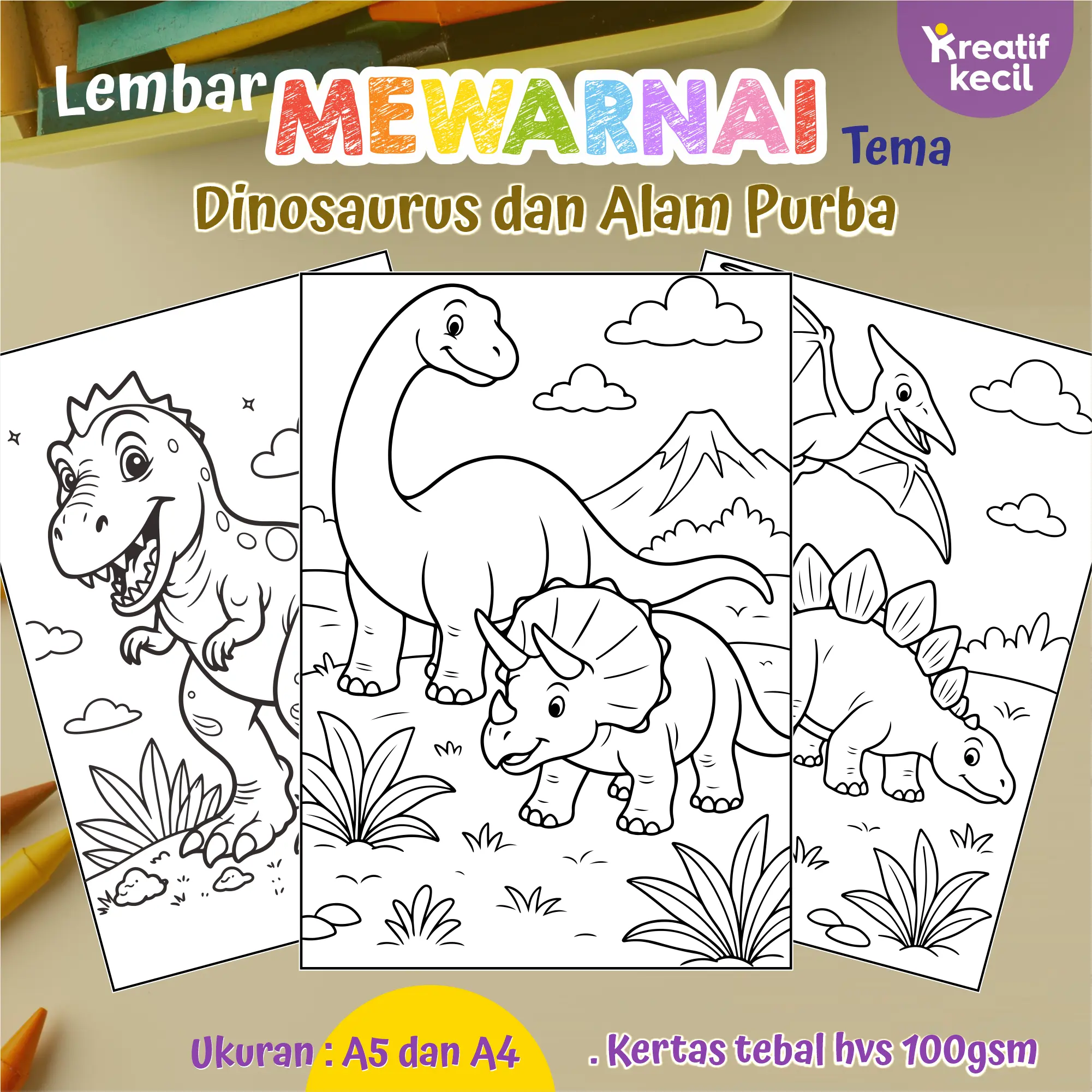 50 gambar Mewarnai kertas gambar untuk anak laki-laki / perempuan Tema Dinosaurus dan alam purbakala - ukuran a4 dan a5 HVS 100 gsm