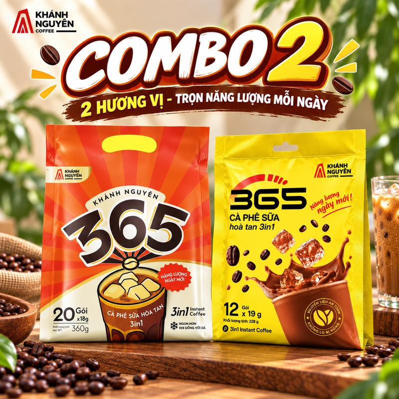 [ LIVE MIX 32 Gói] Combo 2 Túi Cà phê Sữa Khánh Nguyên 365 Cam Gu nhẹ & Đen Đậm đà