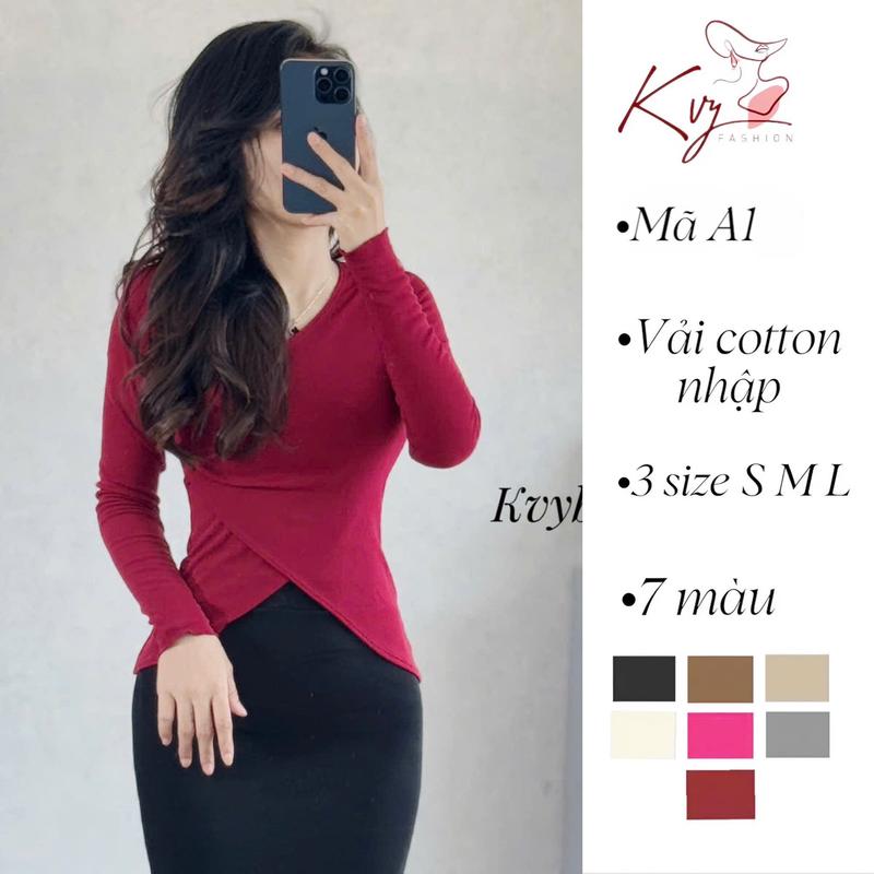 Áo thun tay dài chéo cổ Kvy A1 chất thun cotton nhập mịn dày dặn co giãn tốt 1