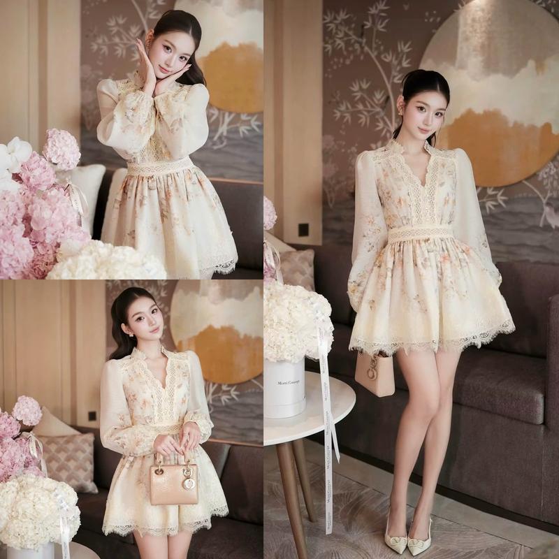 Váy ren hoa cổ V bo eo dáng xòe V136 shop1
