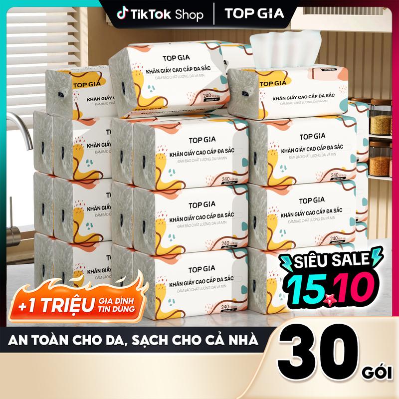 [GIẤY CHẤT LƯỢNG CAO] Thùng 30 Gói Giấy Đa Sắc TopGia, Giấy Ăn Cao Cấp Dập Vân 4D, 4 Lớp, Dai, Mềm Mịn, Khăn Giấy Vệ Sinh, Khăn Giấy Gia Đình Đa Năng. ĐẠT QUY CHUẨN CỦA BỘ CÔNG THƯƠNG. (VH1]