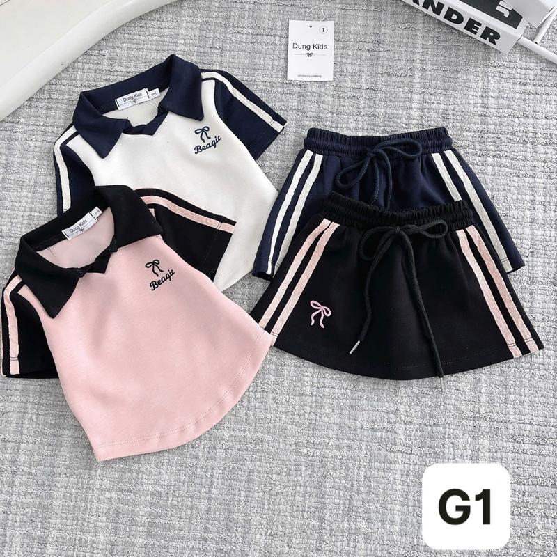 8-35Kg -Dung Kids 05 - G1 Set Bộ thể thao Áo Polo chạy viền tay thêu nơ kèm chân váy 2 sọc viền năng Động cho bé gái