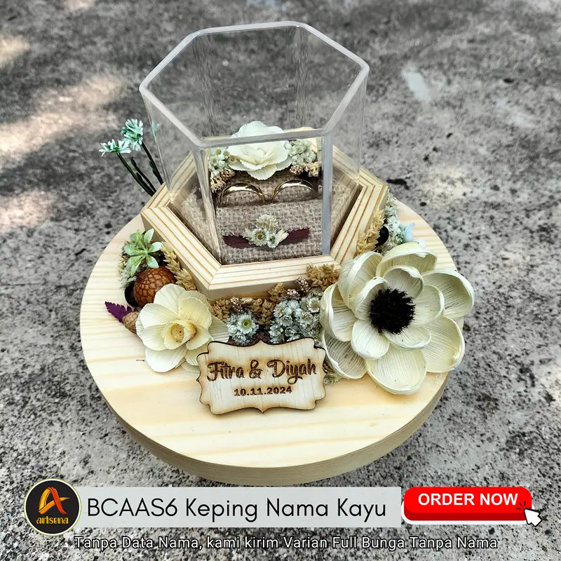 Kotak Cincin Mini Pernikahan Model Segi-6 Desain Rustic Custom Nama Mempelai dan Tanggal 2