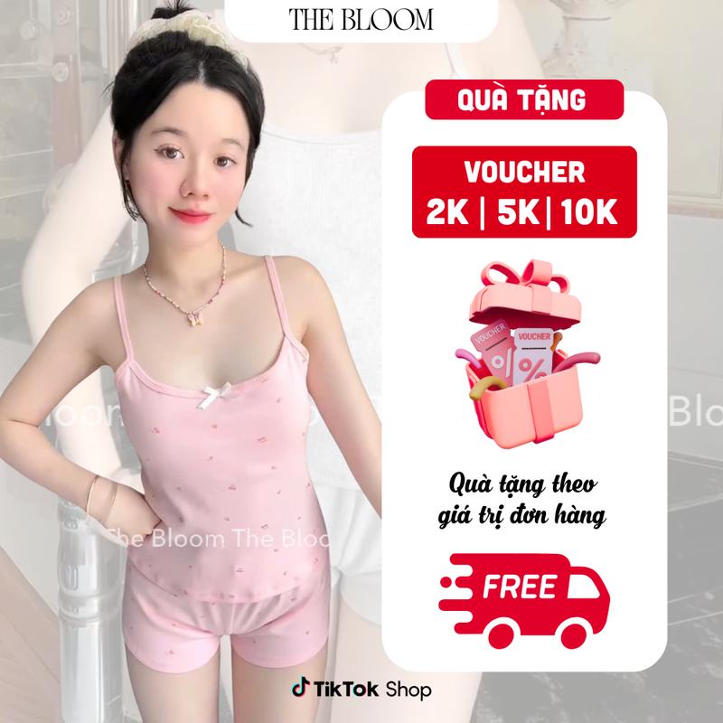 THE BLOOM Set bộ ngủ áo 2 dây đính nơ kèm quần mini in hình, Áo 2 dây quần lưng thấp - SE009 đồ  bộ mặc nhà hai meo Cotton Women Nữ Top đồ  setdomac  nhaxinh hoa nhí bộ  ngủ  2  dây set  bongu  quyen  ru